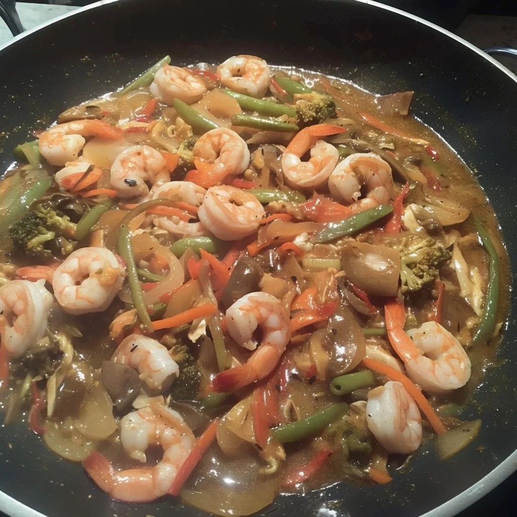 Colorful shrimp stir fry with vegetables in a skillet