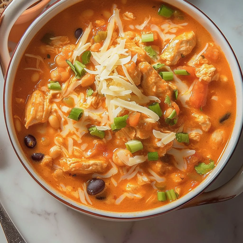 Bowl of Slow Cooker Buffalo Chicken Chili topped with green onions