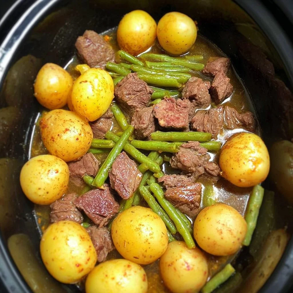 Slow cooker garlic butter beef bites with potatoes in a serving bowl