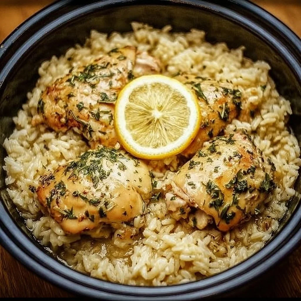 Slow Cooker Lemon Herb Chicken served with rice and fresh herbs