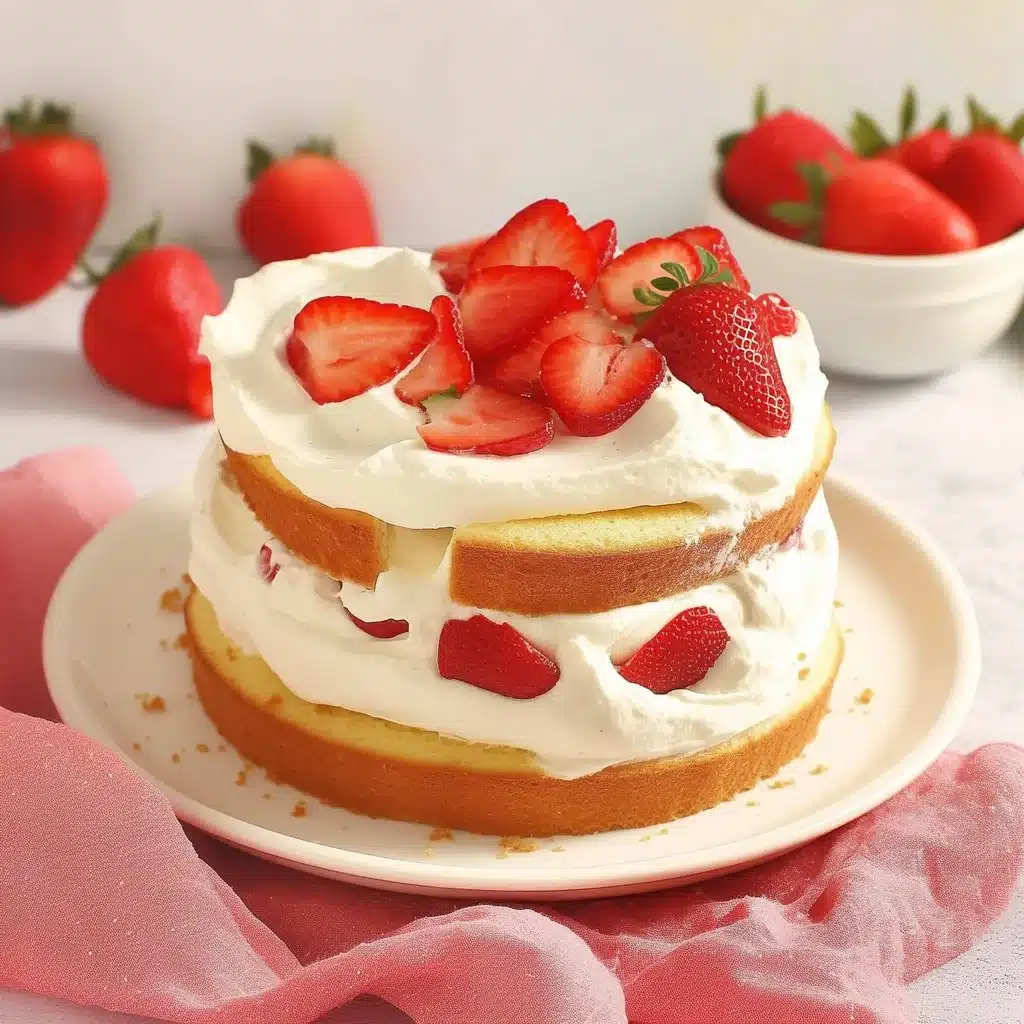 Delicious Strawberry Shortcake Cake topped with fresh strawberries and whipped cream.