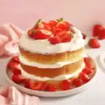Delicious Strawberry Shortcake Cake with fresh strawberries and whipped cream.