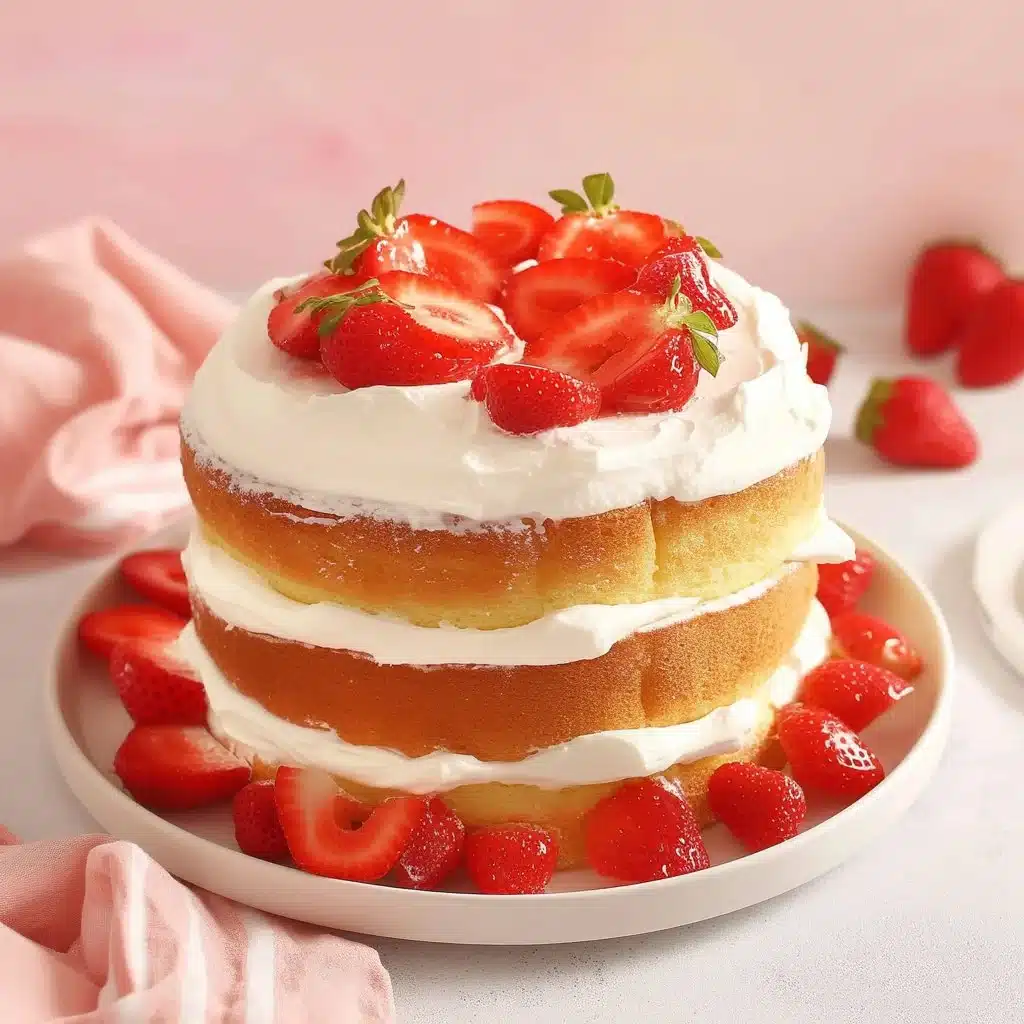 Delicious Strawberry Shortcake Cake with fresh strawberries and whipped cream.