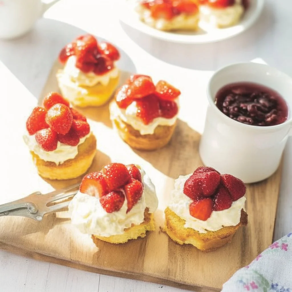Strawberry and vanilla shortcakes topped with fresh strawberries and whipped cream