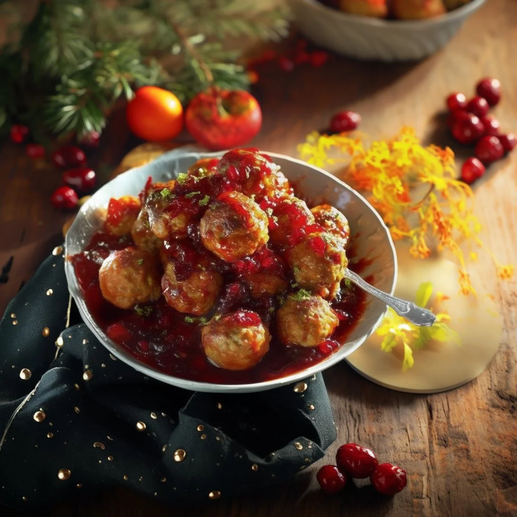 Delicious sweet cranberry orange meatballs served on a platter.