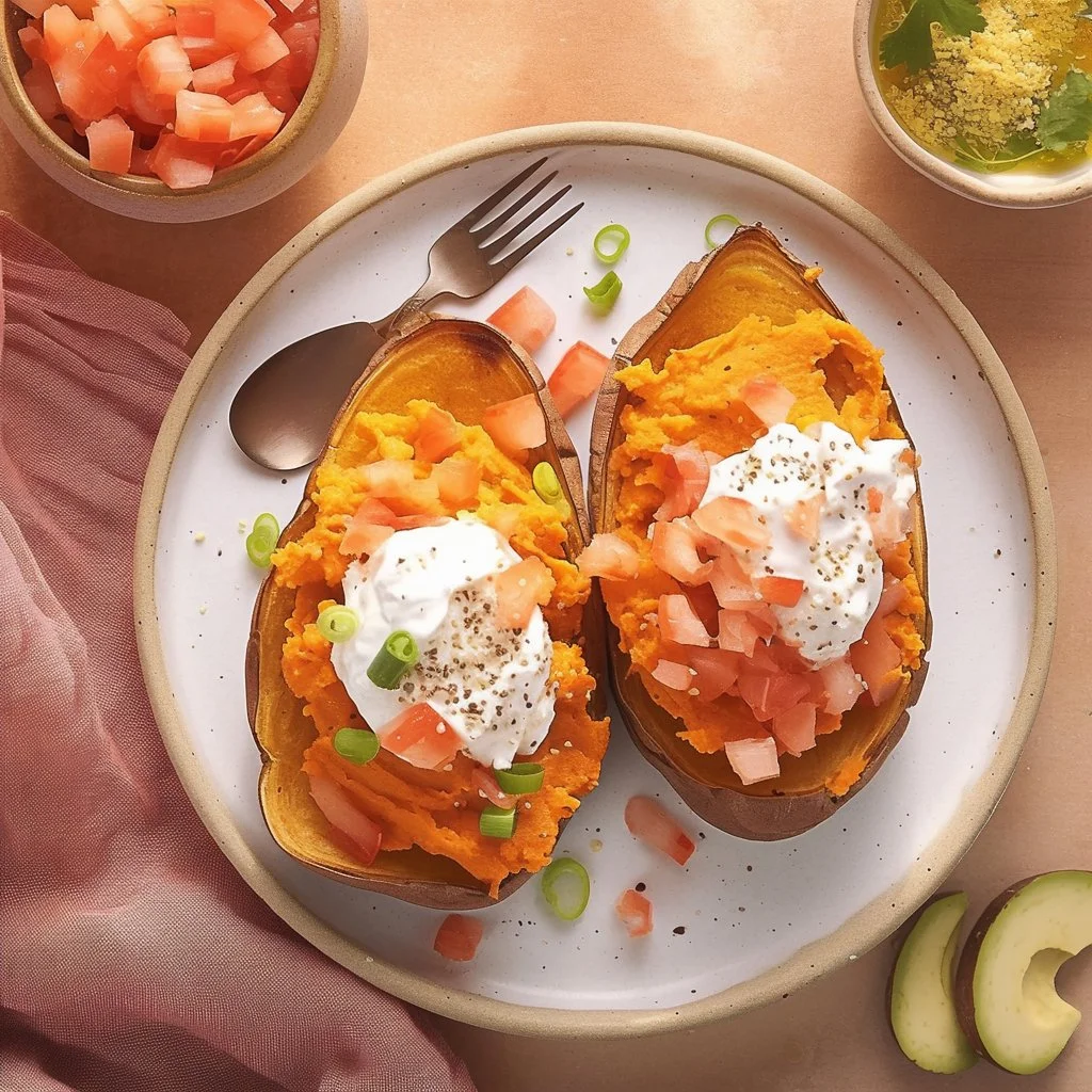 Delicious sweet potato breakfast recipe with toppings and ingredients.
