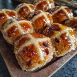 Freshly baked tender hot cross buns with zesty orange glaze on top