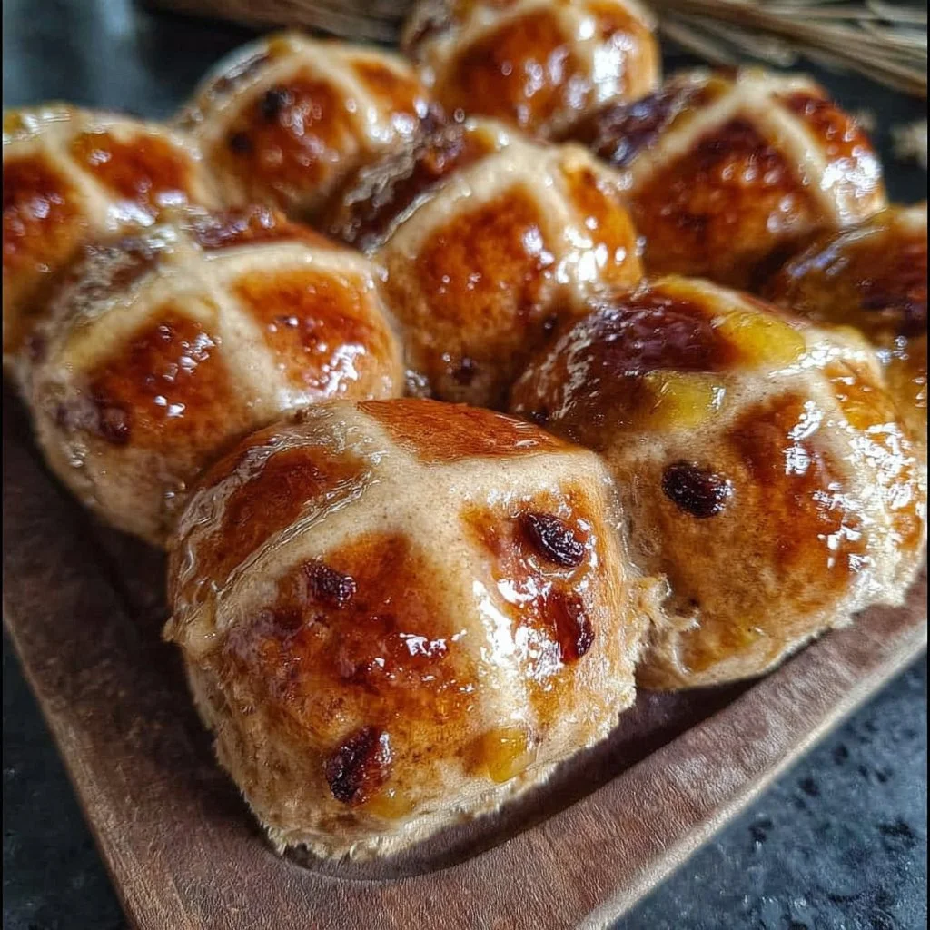 Freshly baked tender hot cross buns with zesty orange glaze on top