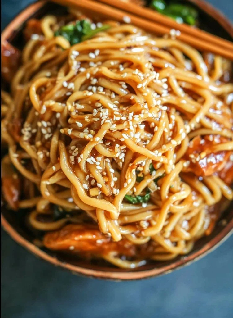 Delicious teriyaki chicken noodle bowl topped with fresh vegetables
