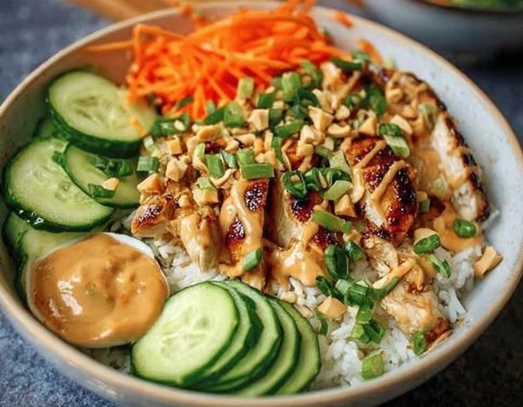 Thai Peanut Chicken Buddha Bowl with colorful vegetables and rice