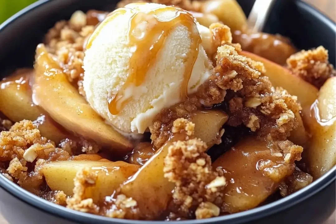 Delicious homemade apple crisp served in a bowl with a scoop of ice cream.
