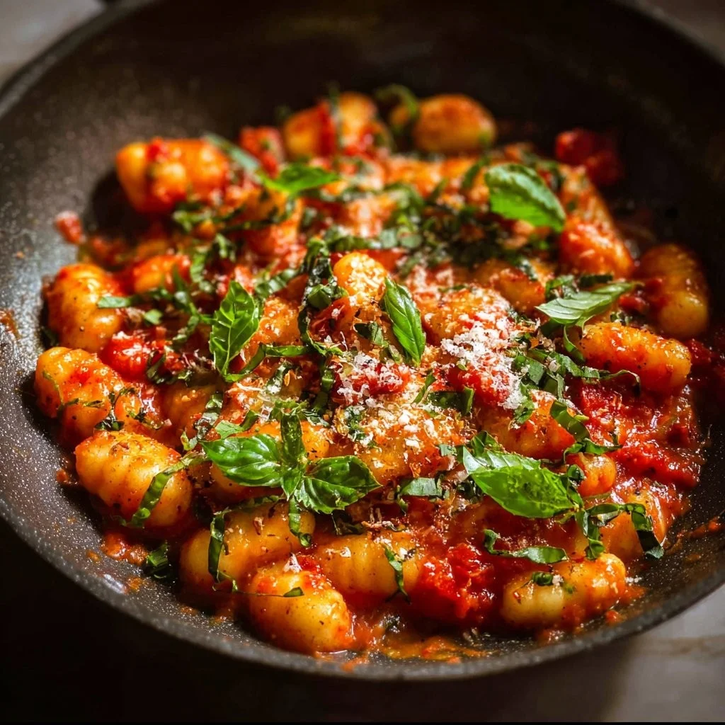 Plate of delicious Tomato Basil Gnocchi garnished with fresh basil