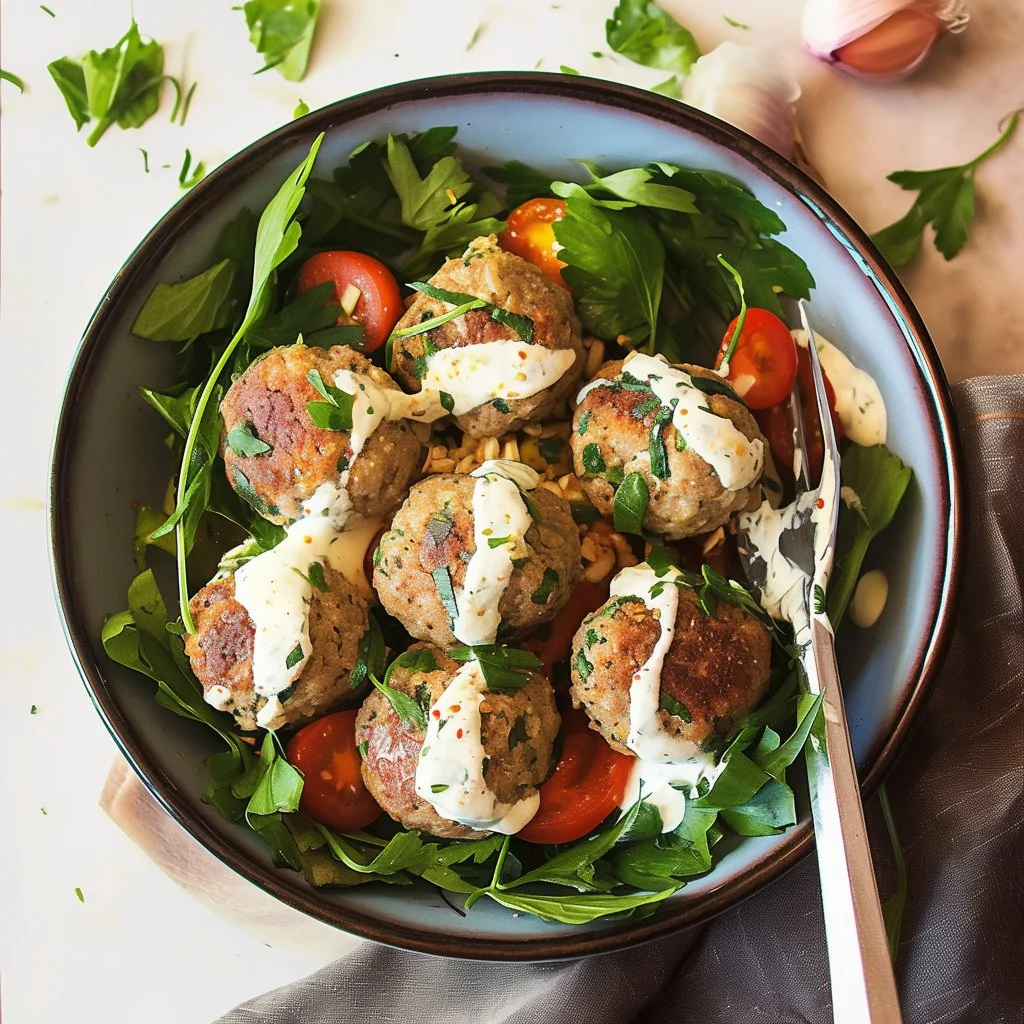 Delicious turkey zucchini meatballs served on a plate with fresh herbs.