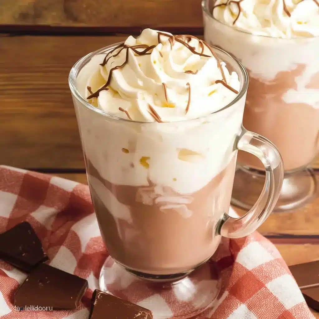 Delicious whipped hot chocolate topped with whipped cream and cocoa powder