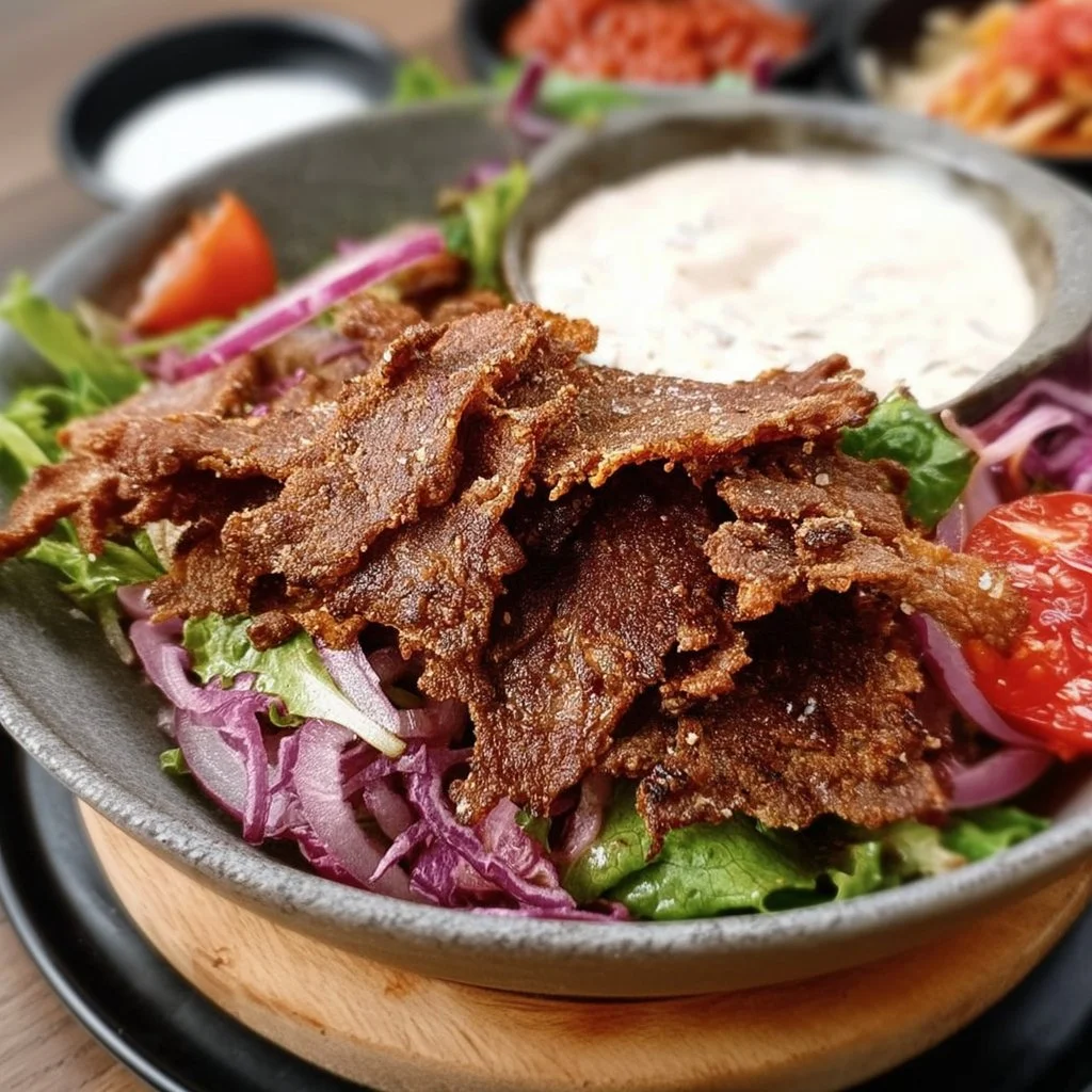 Delicious authentic-style doner kebab with fresh vegetables and sauces.