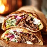 Delicious authentic-style doner kebab with fresh vegetables and sauces.