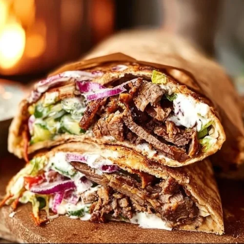 Delicious authentic-style doner kebab with fresh vegetables and sauces.