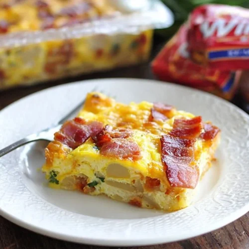 Bacon, Potato, and Egg Casserole served in a baking dish.