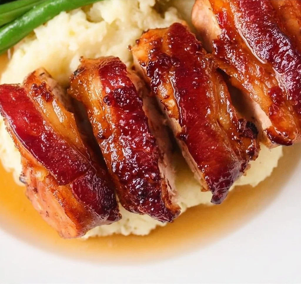 Plate of delicious bacon wrapped chicken ready to serve