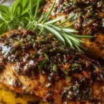 Delicious Baked Balsamic Chicken Breast served with fresh herbs