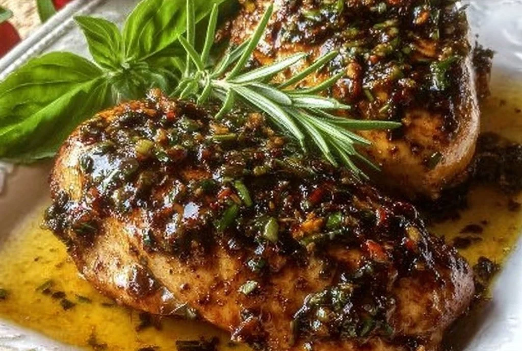 Delicious Baked Balsamic Chicken Breast served with fresh herbs