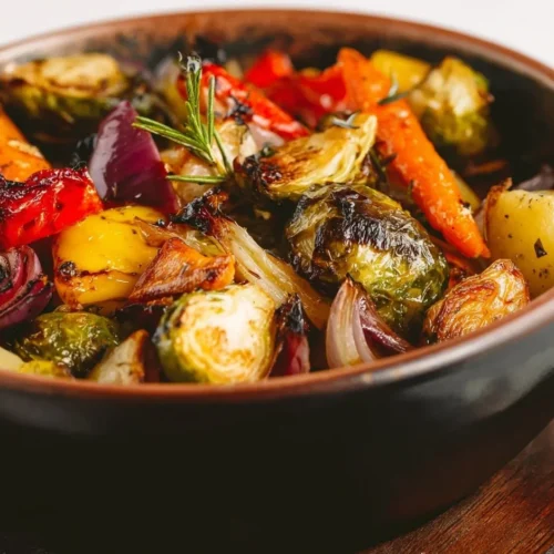 Baked caramelized vegetables in a dish, featuring colorful roasted veggies