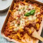Delicious baked ziti with ground beef topped with melted cheese