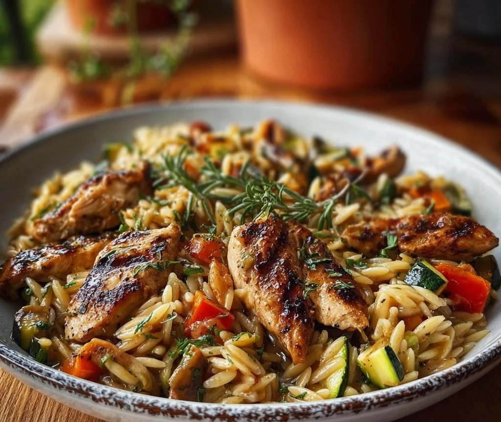 Balsamic Chicken served with Veggie Orzo for a delicious meal