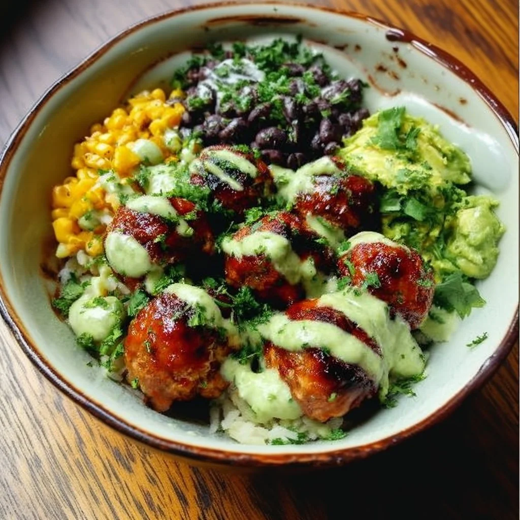 Barbecue meatball bowls with avocado goddess sauce served in a colorful dish
