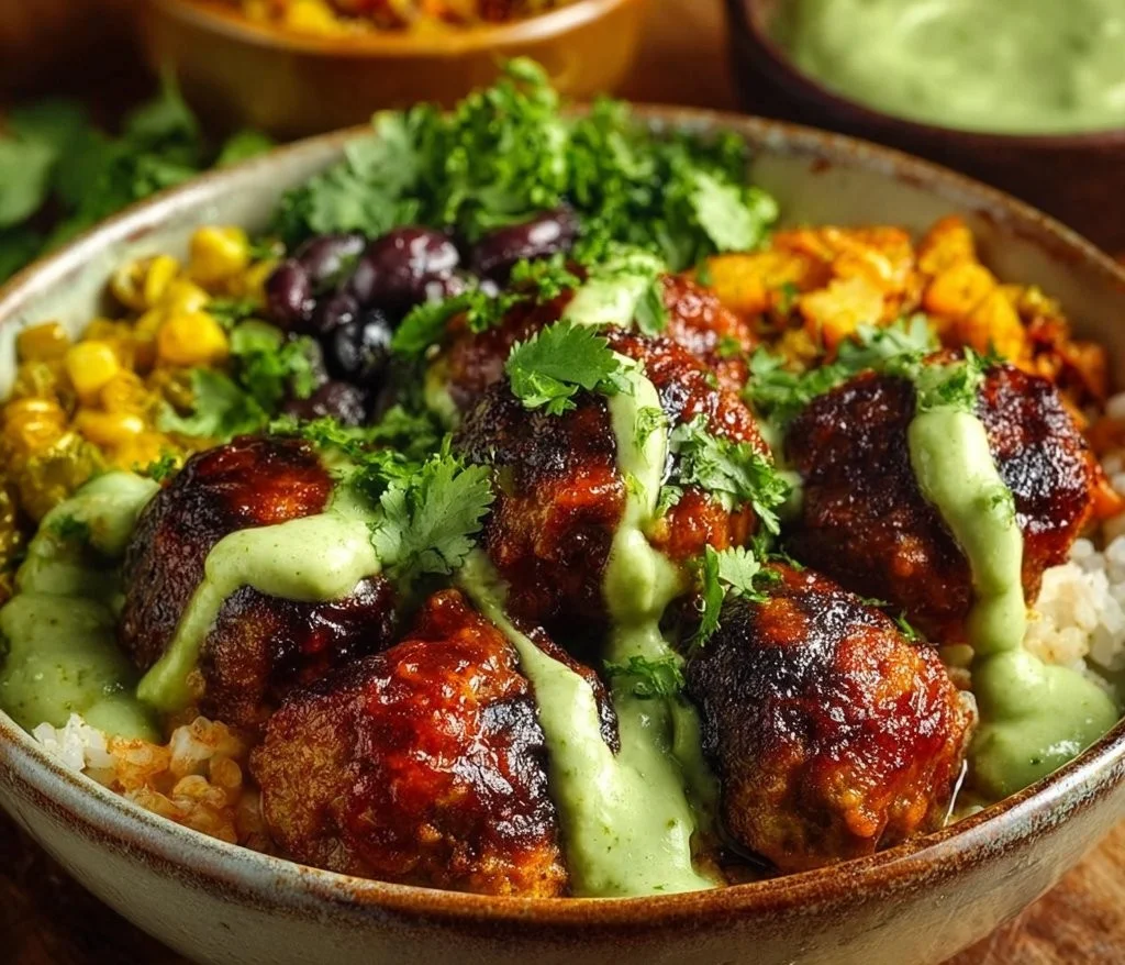 Barbecue Meatball Bowls with Avocado Goddess Sauce