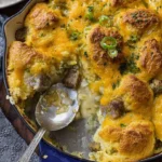 Biscuits and Gravy Breakfast Bake ready to serve in a baking dish