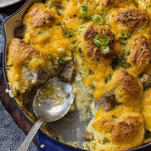 Biscuits and Gravy Breakfast Bake ready to serve in a baking dish