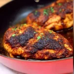 Juicy blackened chicken breast seasoned with spices and herbs on a plate.