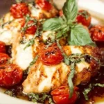 Caprese Chicken with mozzarella, tomatoes, and basil on a plate