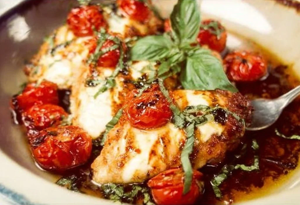 Caprese Chicken with mozzarella, tomatoes, and basil on a plate