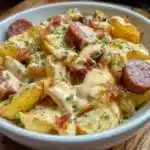 Cheesy ranch potatoes and sausage dish served in a bowl