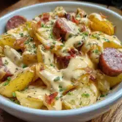 Cheesy ranch potatoes and sausage dish served in a bowl