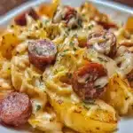 Cheesy Ranch Potatoes topped with smoked sausage in a creamy sauce