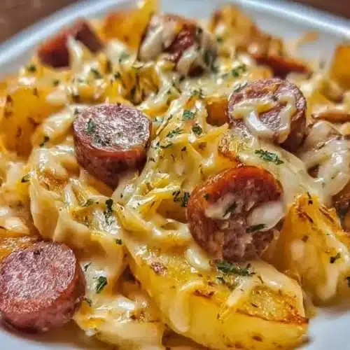 Cheesy Ranch Potatoes topped with smoked sausage in a creamy sauce