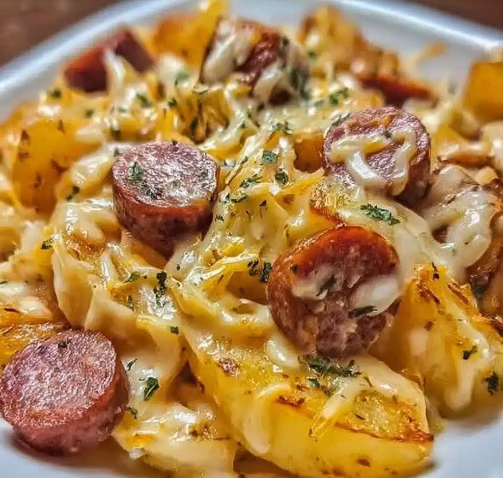 Cheesy Ranch Potatoes topped with smoked sausage in a creamy sauce