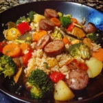Cheesy sausage dish with veggies and rice served in a bowl