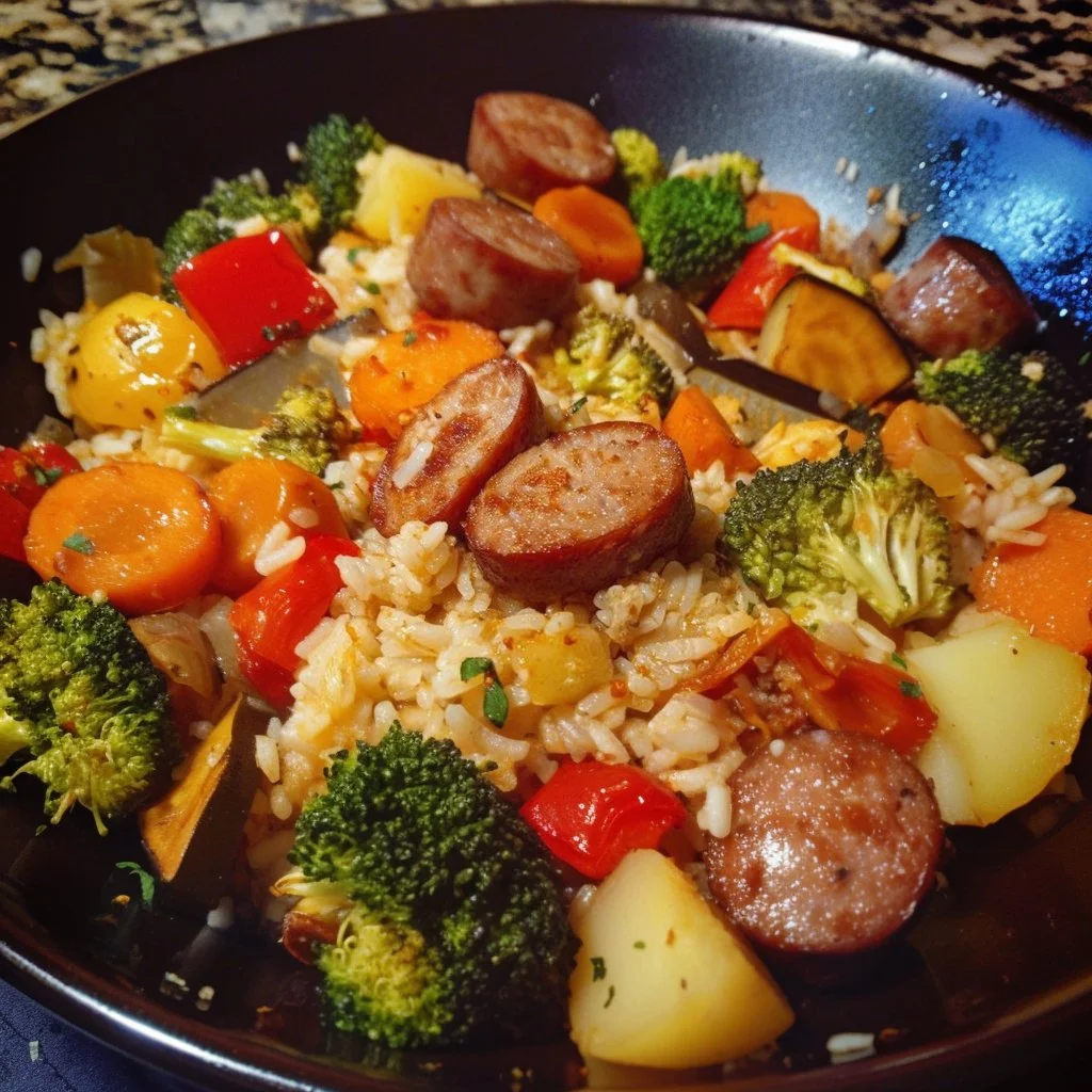 Cheesy sausage dish with veggies and rice served in a bowl