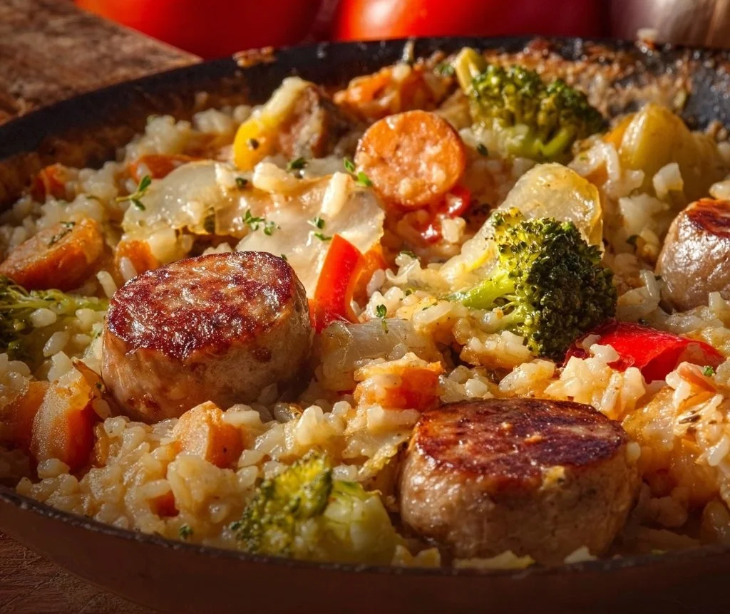 Cheesy Sausage Veggies and Rice