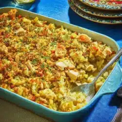 Delicious chicken and stuffing casserole topped with herbs and served warm