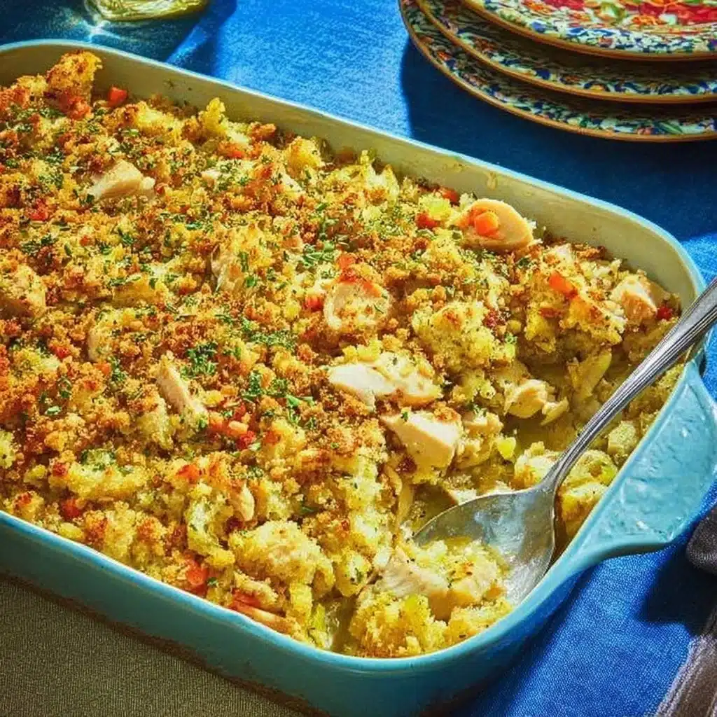 Delicious chicken and stuffing casserole topped with herbs and served warm