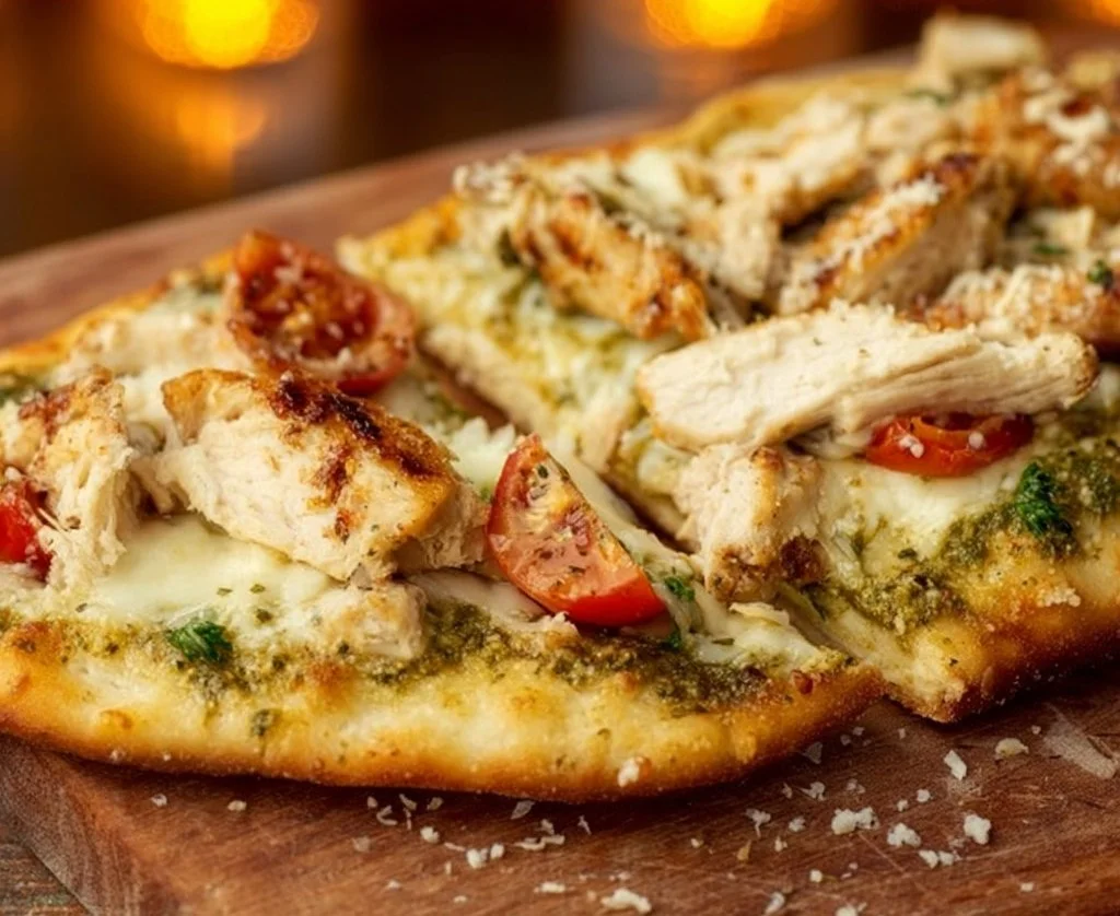 Delicious Chicken Pesto Flatbread topped with fresh basil and grilled chicken