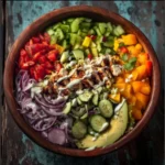 A vibrant chicken salad bowl with fresh vegetables and dressing