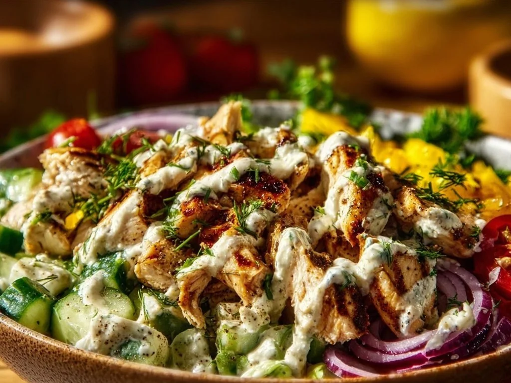A vibrant chicken salad bowl with fresh vegetables and dressing