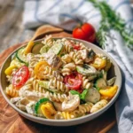 A vibrant bowl of creamy ranch protein pasta salad with fresh vegetables.