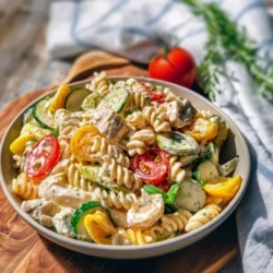 A vibrant bowl of creamy ranch protein pasta salad with fresh vegetables.